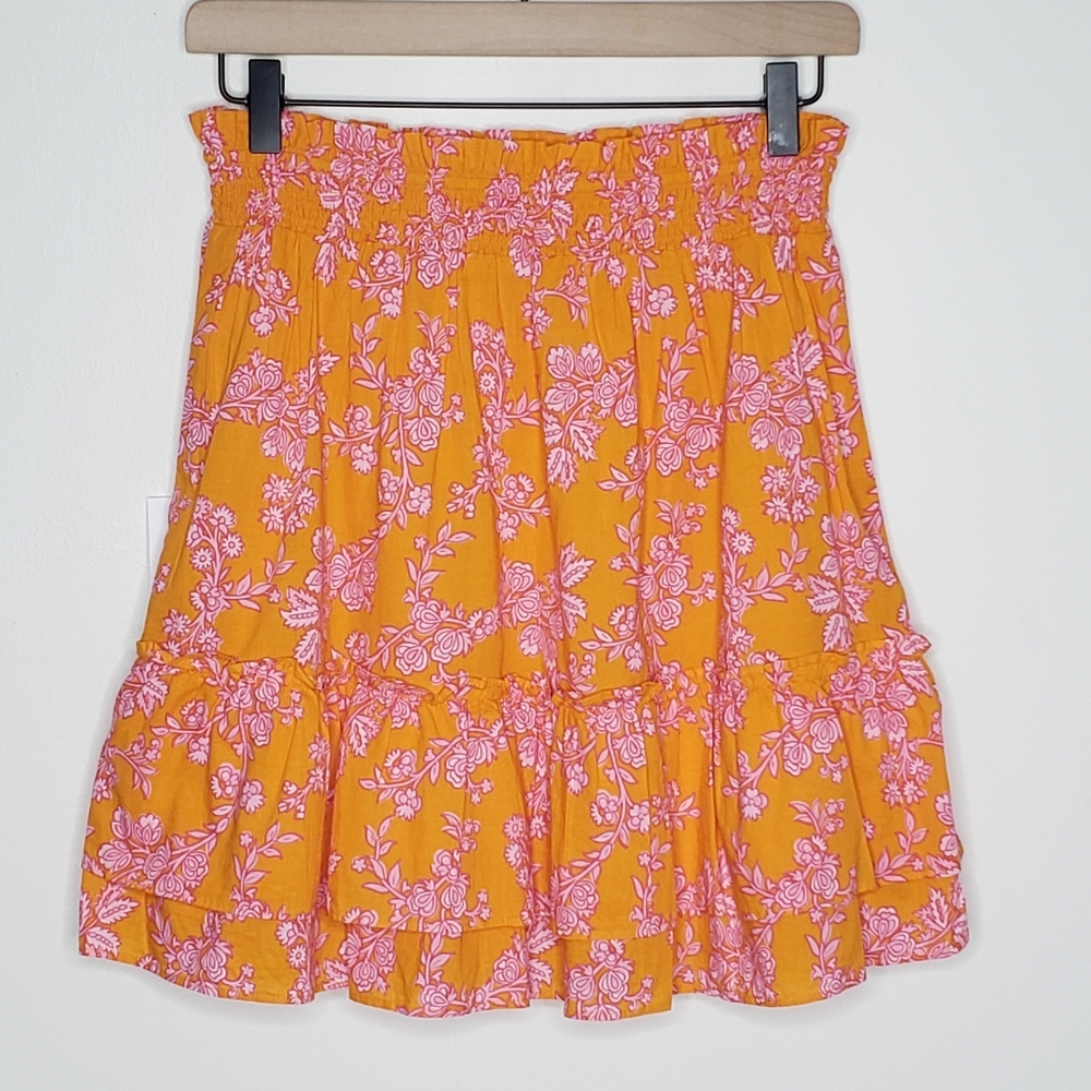J. Crew Factory Skirt XS Floral Orange Pink Cotton Smocked Elastic Ruffle